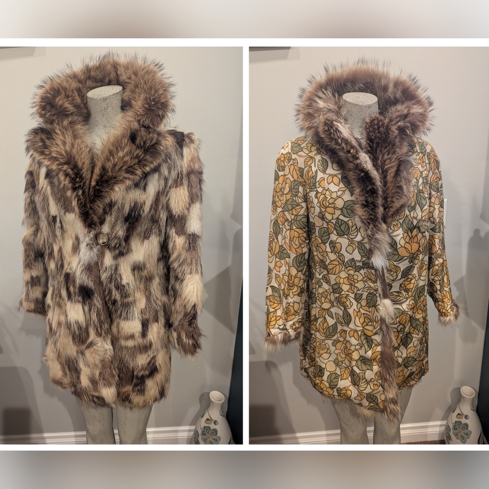 Vintage 1960s Patchwork Coyote Fur Coat Reversible Hippy Floral Pattern Sz M - Picture 3 of 8